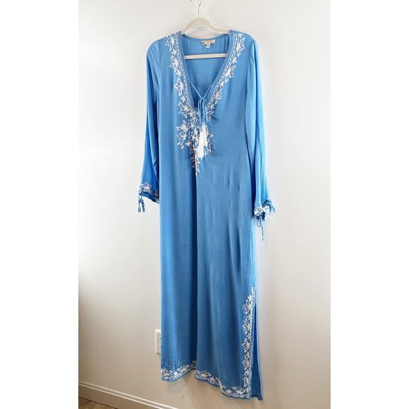 Rise and Bloom Embroidered Long Sleeve Tie Neck Maxi Dress Blue Medium - Picture 12 of 15